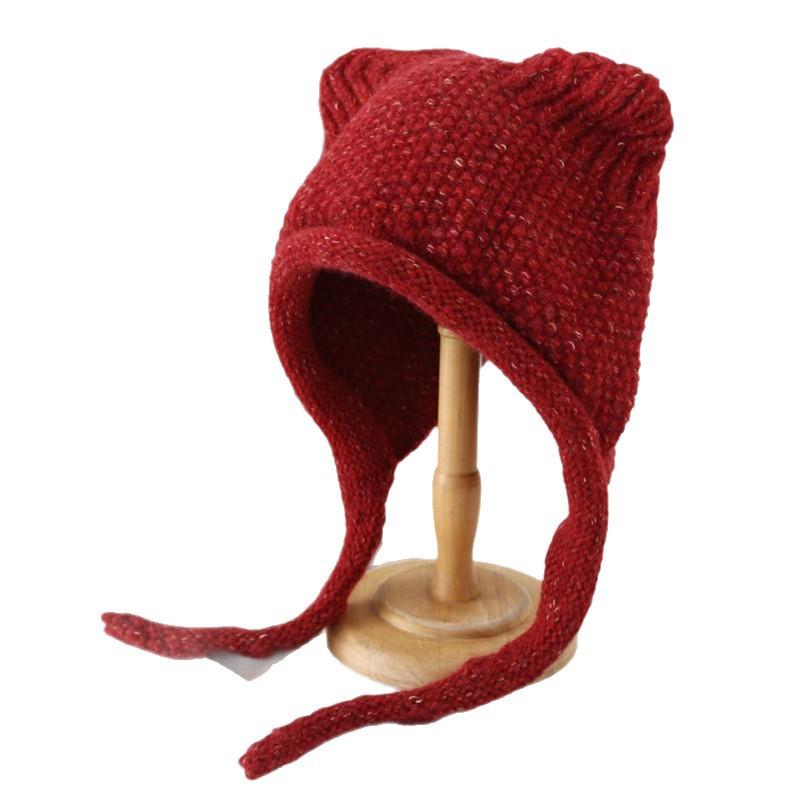 Winter new women's ear protectors headgear warm lace-up Lei Feng hat student solid color simple knitted hat