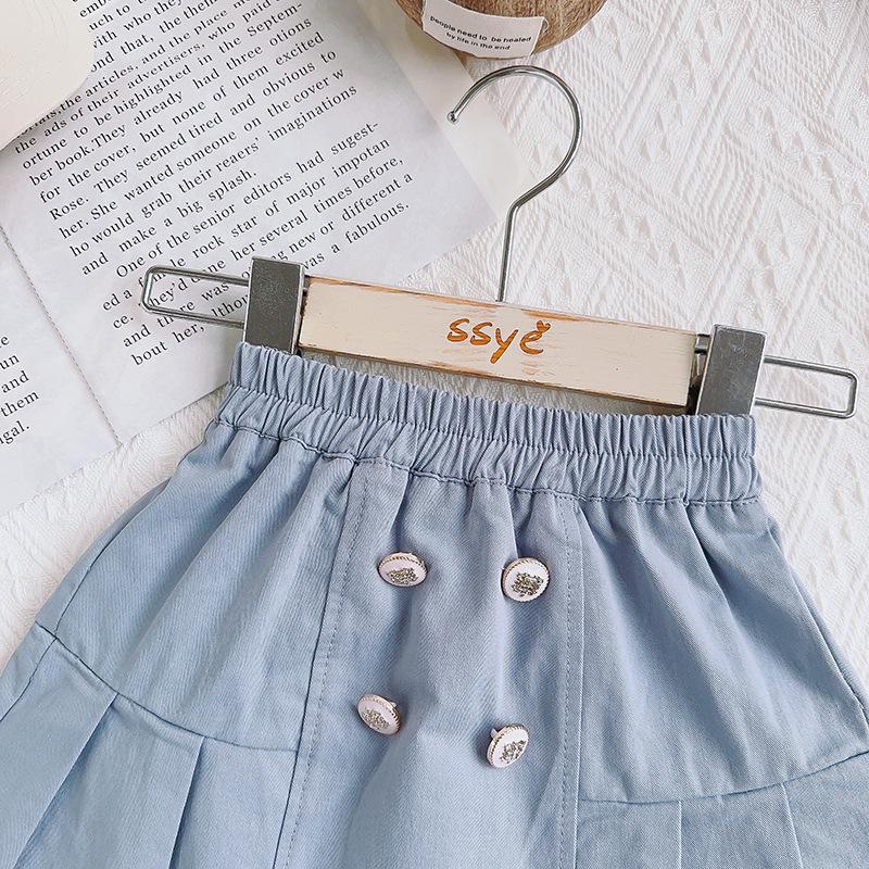 Girls' Summer Academy Style Two-Piece Set – Round Neck Short Sleeve Top and Breathable Skirt (CM0053)