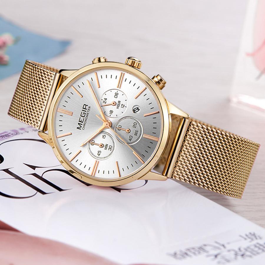 Megir Women's Chronograph Luminous Hands Date Indicator Quartz Wrist Watches Lady Rose Gold M2011L-1