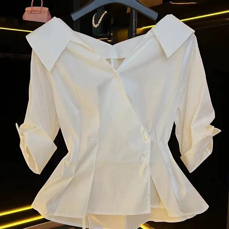 Female Spring and Summer Unique V-Neck Slant Button Short Sleeve Shirt Pressure Pleat Waist Slim Commuter Top