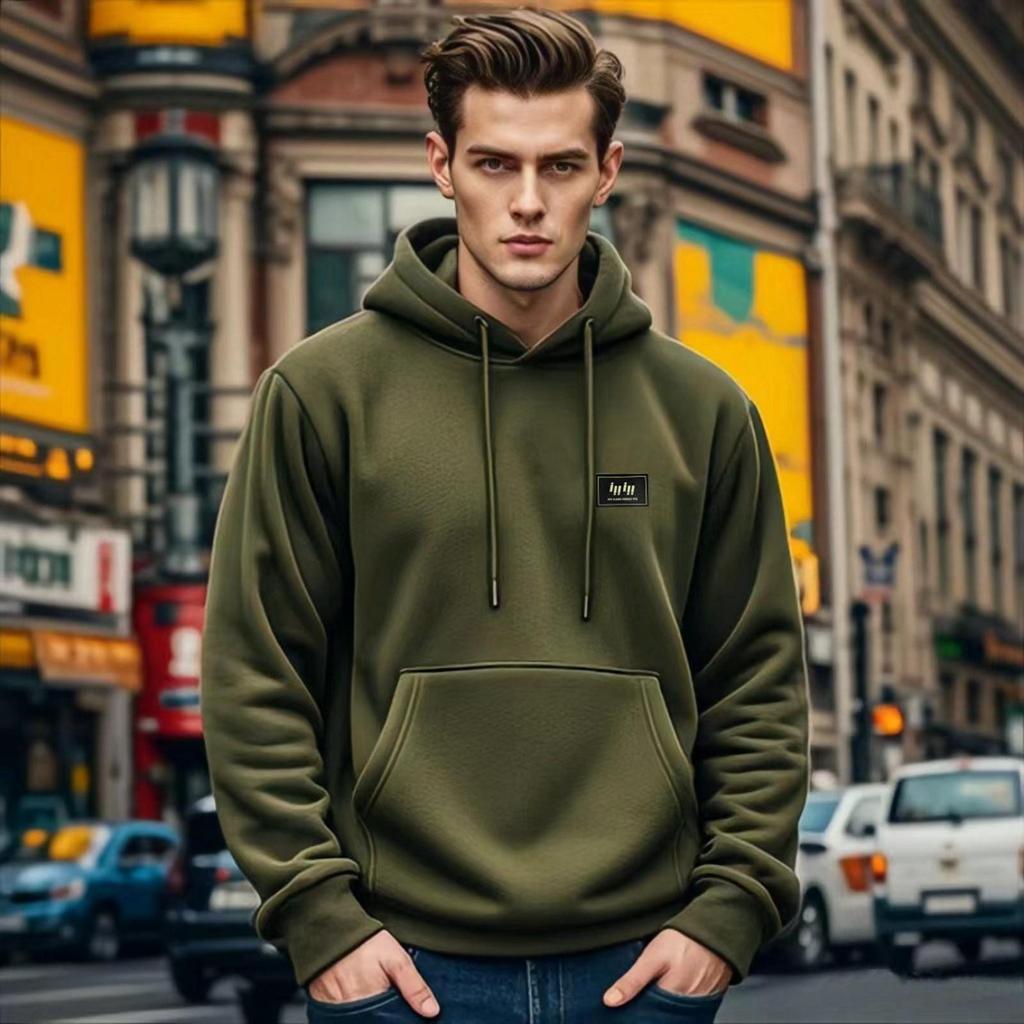 Felpa con cappuccio casual da uomo a tinta unita con stampa, maniche lunghe, pullover