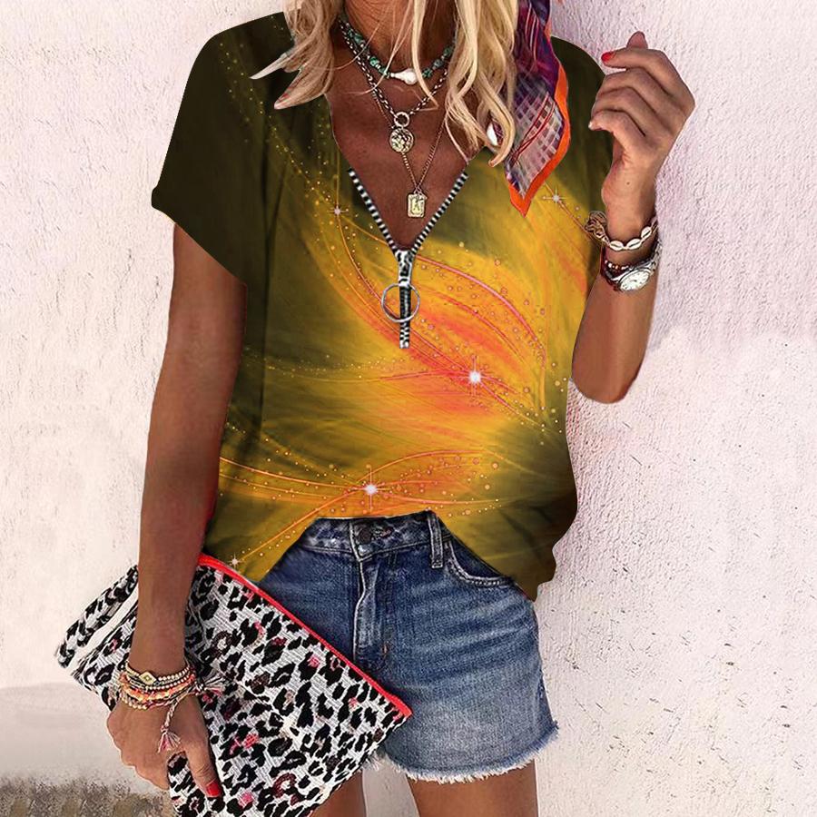 Dame Topp Sommer Ny Mote Rose Blomst Blått Mønster Trykt Casual Glidelås V-hals Kort Erm Topp