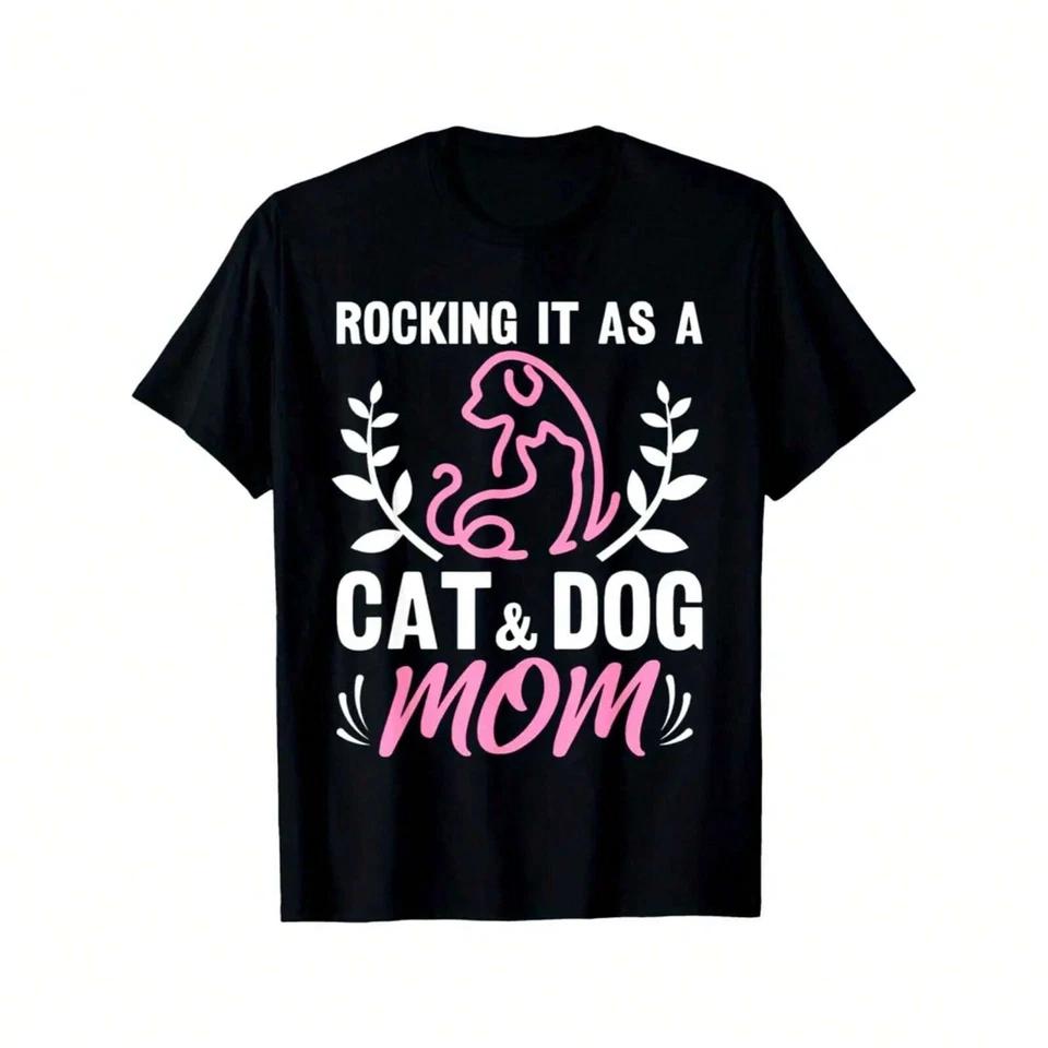 Cat and Dog Mom Pattern Letter Printed T-shirt M