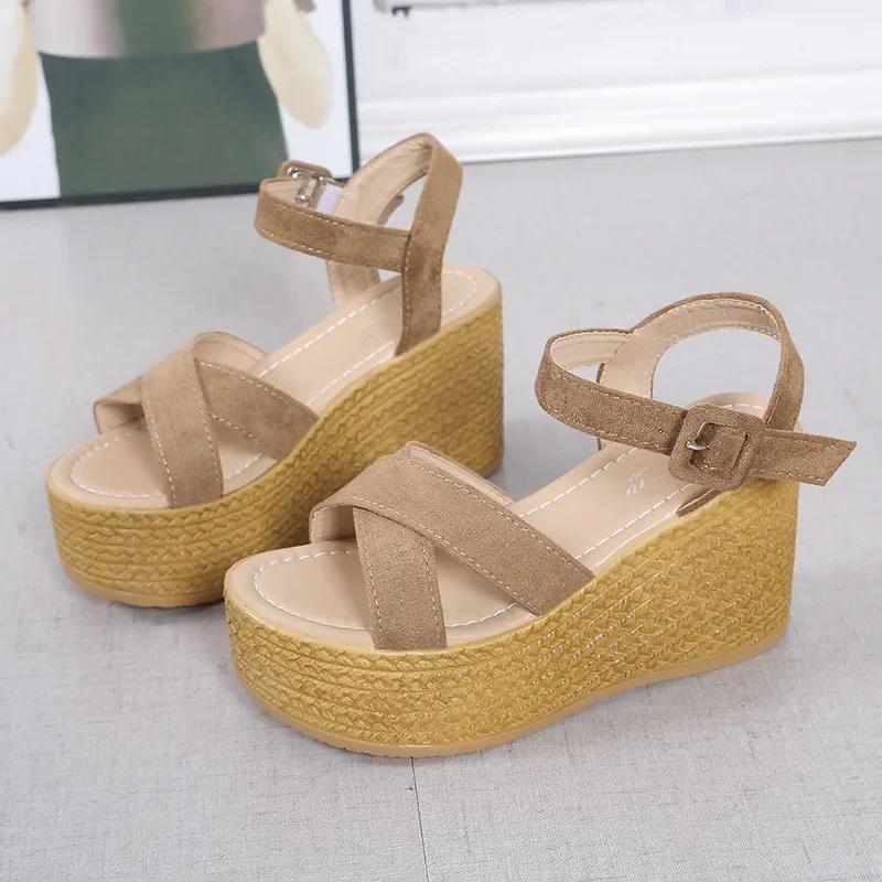 Fashion Summer Fashion Paragraph Sandals Women's Sponge Shoes High Heels Sloping Heels Waterproof Platform Thick Sole Strap Buckle