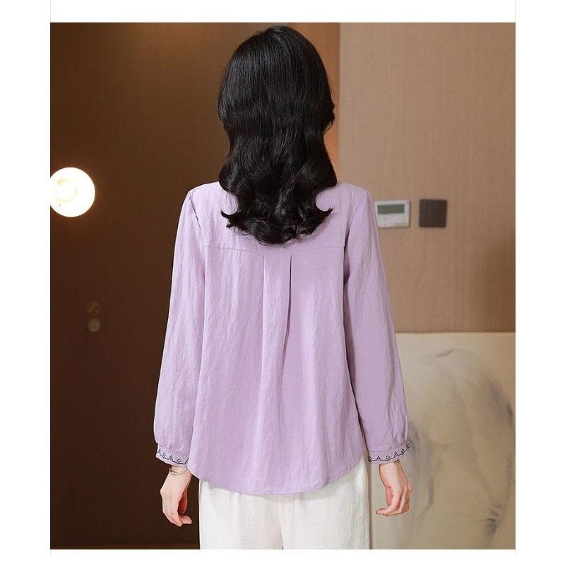 Women Literary Retro Embroidered Cotton Long Sleeve Shirt