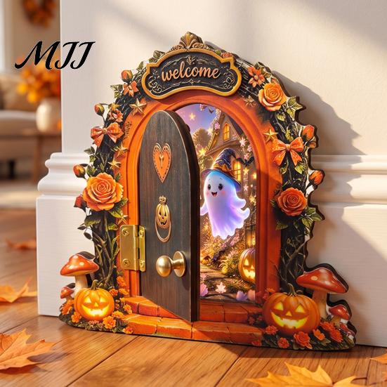 Unique Halloween Shelf Decor Mouse Hole Wall Decoration, Retro Arched Fairy Door with Pumpkin Cute Room Accessories & Flower Decor, Miniature Openable