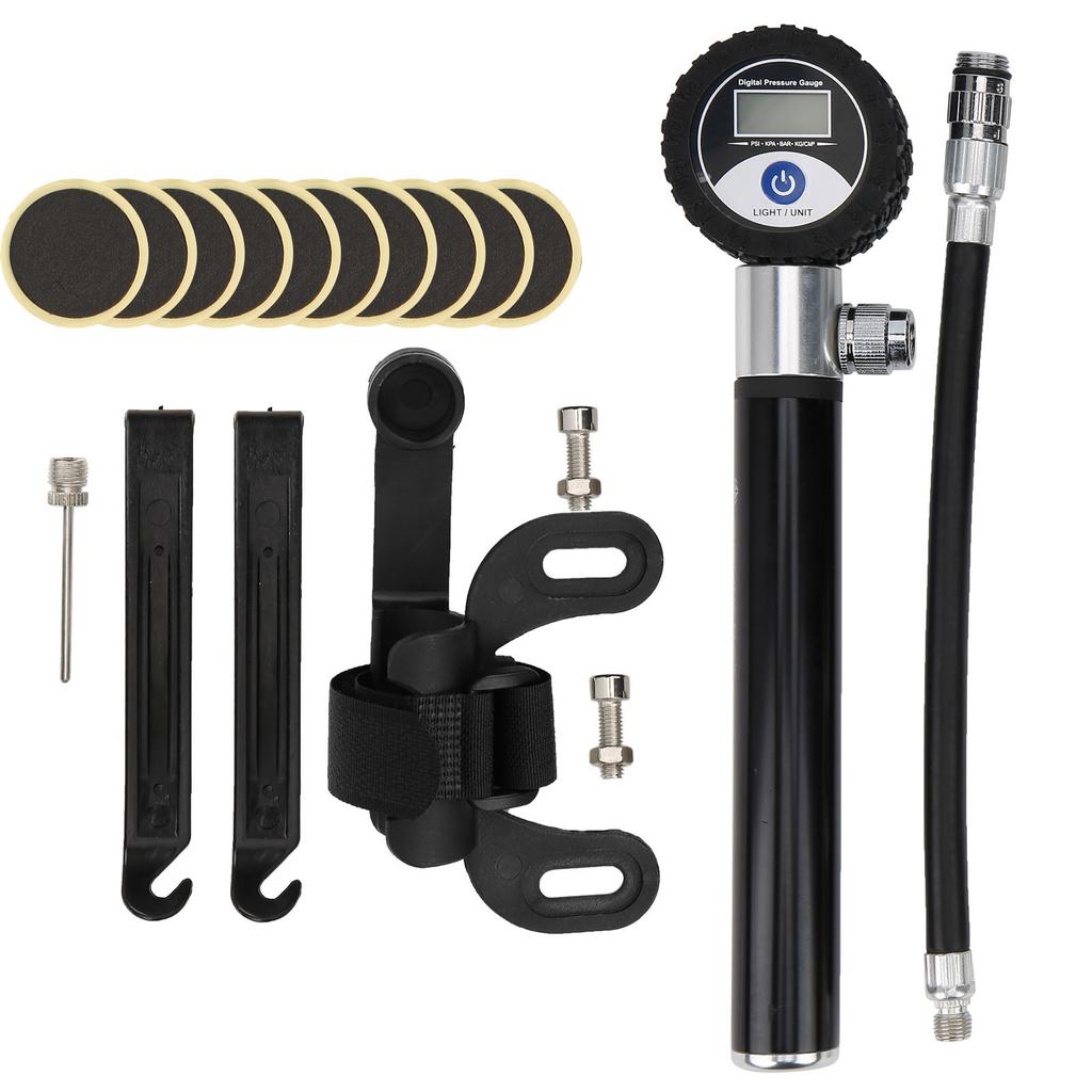 Bicycle Digital Display Air Pump with Needles Hose Kit Bike Tire Puncture Repair Tool Set