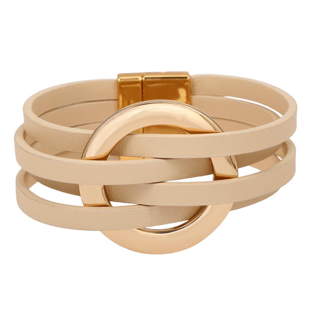European & American Style Women's Multi-layer Cross Leather Bracelet with Large Metal Cuff Circle.