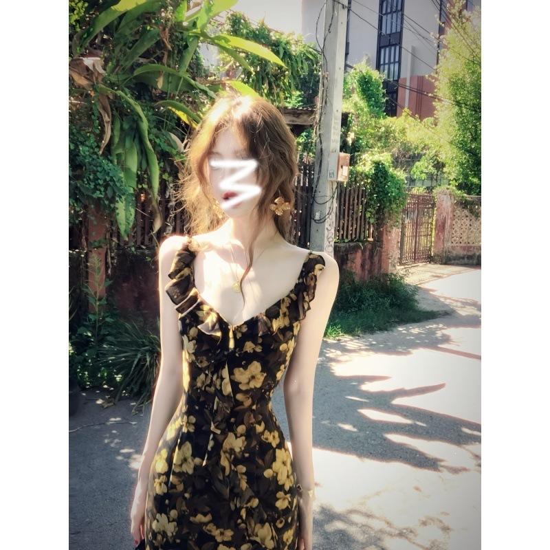 French retro temperament floral ruffle edge design dress women s summer thin suspender medium and long skirt S