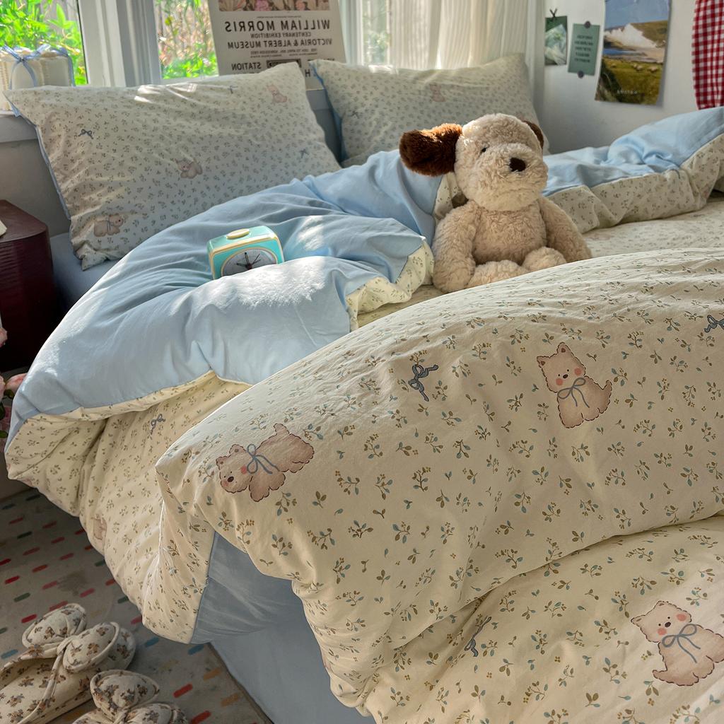 Korean Style Bedding Sets Floral Flat Sheet Duvet Cover Pillowcase Twin Queen Full Size No Filling Fitted Sheet Set Home Decor