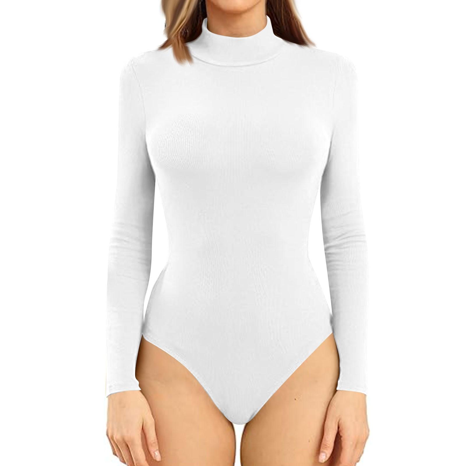 

Женская цельная футболка, тонкий комбинезон с длинными рукавами и высоким воротом, однотонный топ XL белый