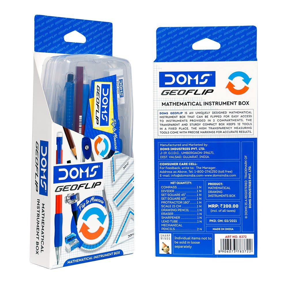 DOMS GeoFlip Geometry Box with Math Instruments, Flip Compartment, Mechanical Pencil & Extra Leads for School Drawing