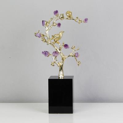 Metal Handicraft Golden Tree Crystal Flower Brass Amethyst Decoration Golden Bird Metal Decorative Figurines Home Decoration