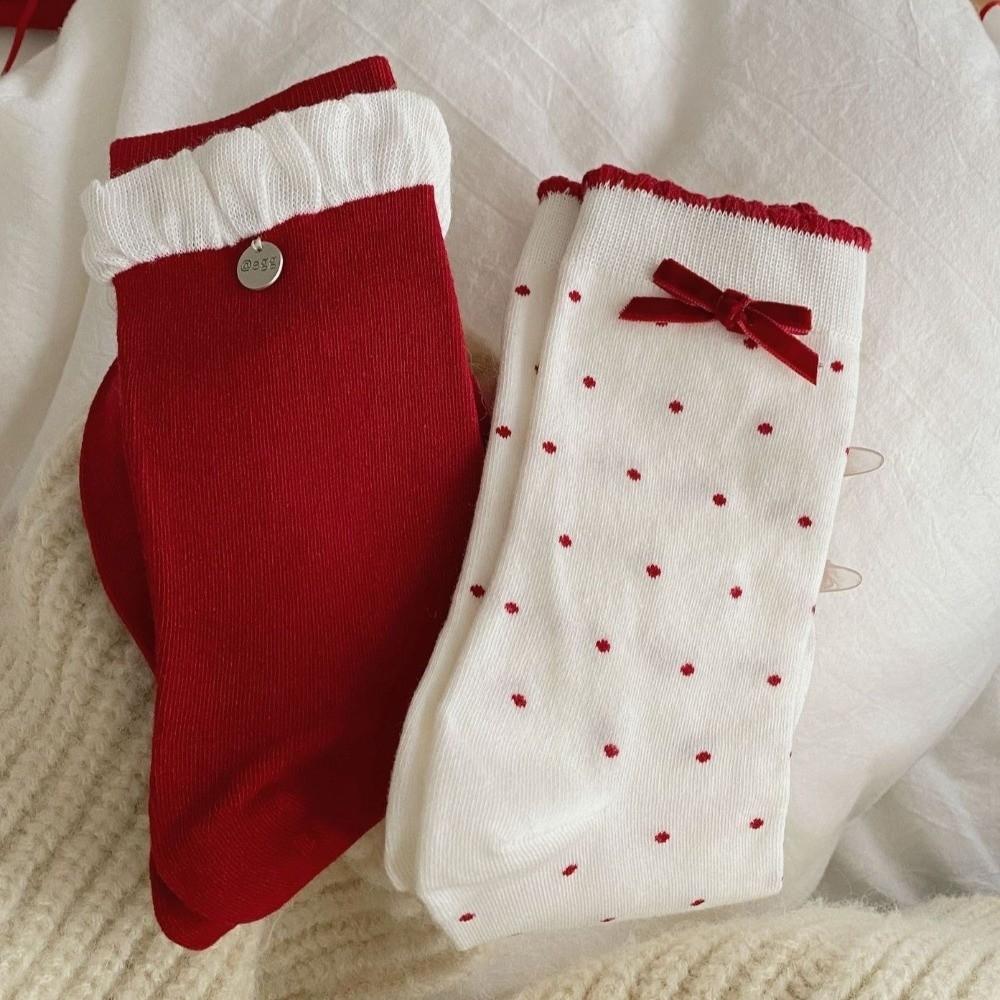Cotton Sweet Girl Socks Double Layer Mid Tube Socks Festive Boneless Socks New Year