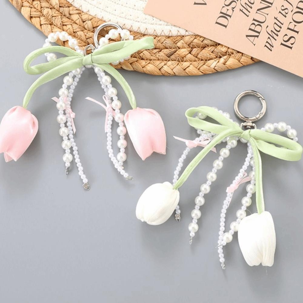 New Ribbon Pearl Tulip Ribbon Keychain Tulip DIY Mobile Phone Pendant Jewelry Style Pearl Bow Bag Accessories Mobile Phone Chain
