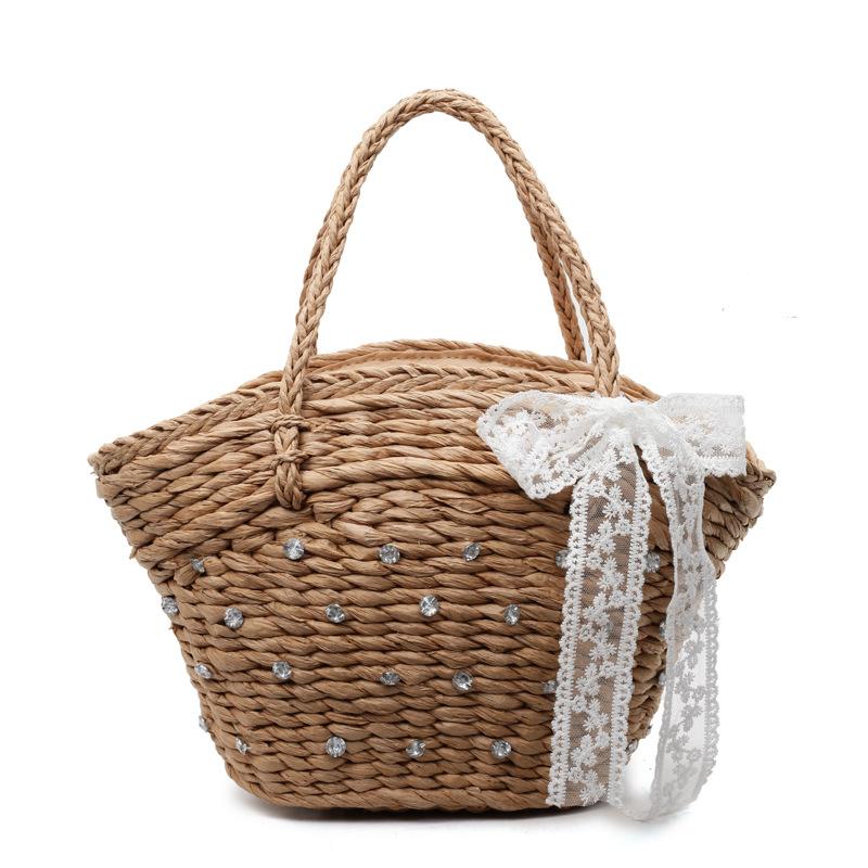

French new product gentle wind literary portable vegetable basket bag women s large-capacity holiday wind diamond-encrusted straw shoulder bag хаки