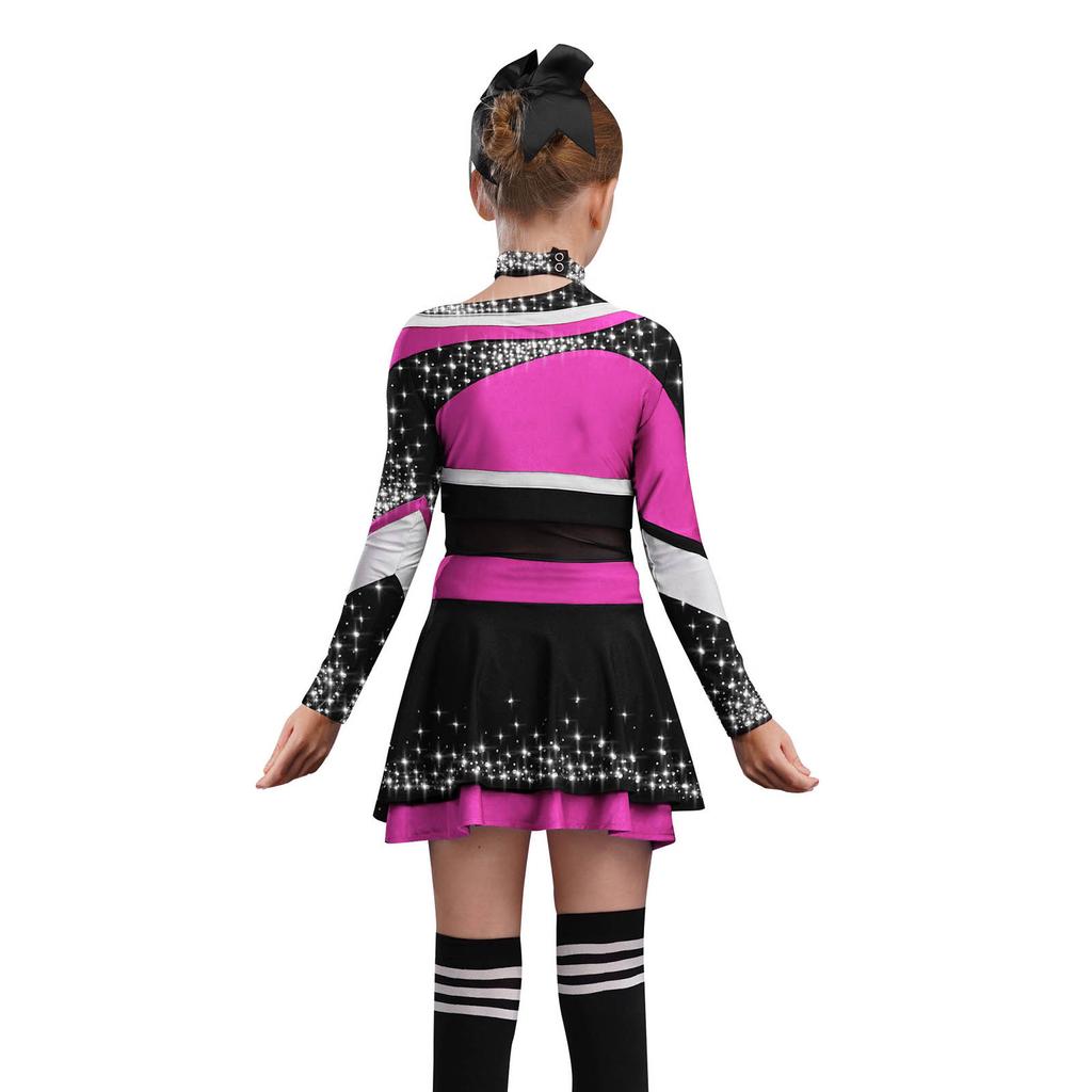 Girls Stage Performance Costume Long Sleeve Letter Print Shiny Rhinestones Color Block Cheerleading Set