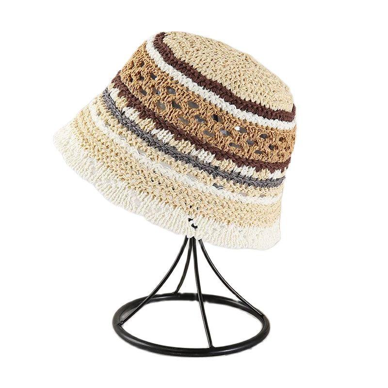 Summer Hollow Bucket Hat Colorful Stripe Sun Hat  Japanese Colorblock Bohimian Fisherman Hat Travel Beach Panama Cap Mom Gift