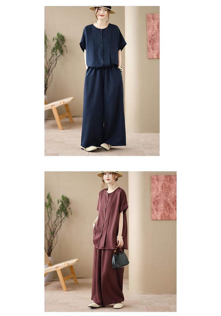 Artistic Summer Cotton Linen Two-Piece Set: Short Sleeve Shirt & Wide Leg Pants