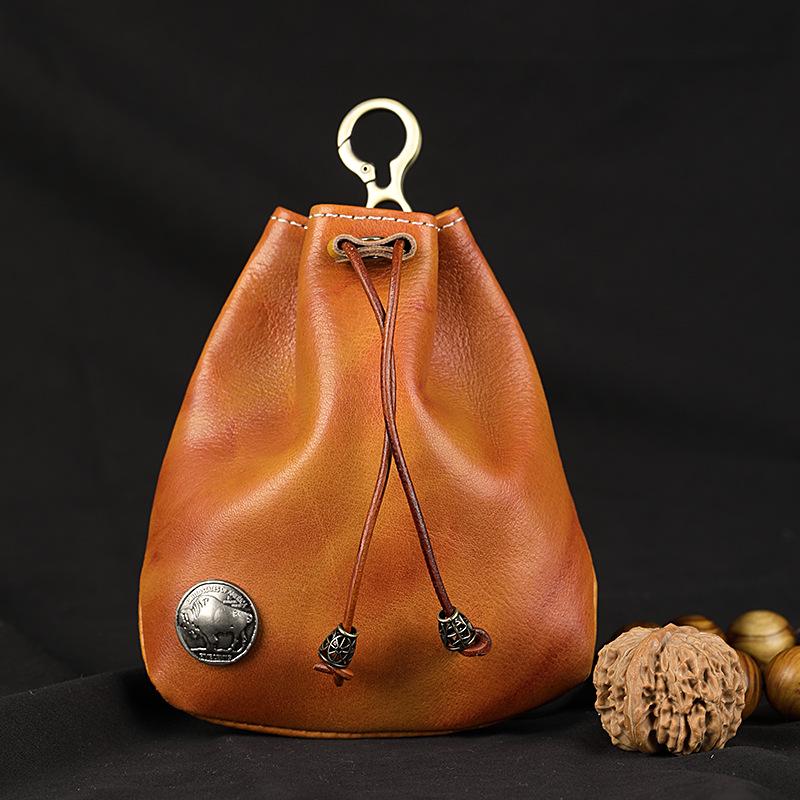Vintage Cowhide Coin & Key Pouch - Waist Bag with Drawstring Storage