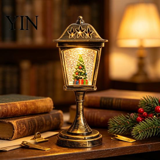Battery Operated Lamp Christmas Snow Sphere Lamp, Retro Street Design, Santa Decorative Snowman Tree Night Light for Bedroom, Tabletop Decor