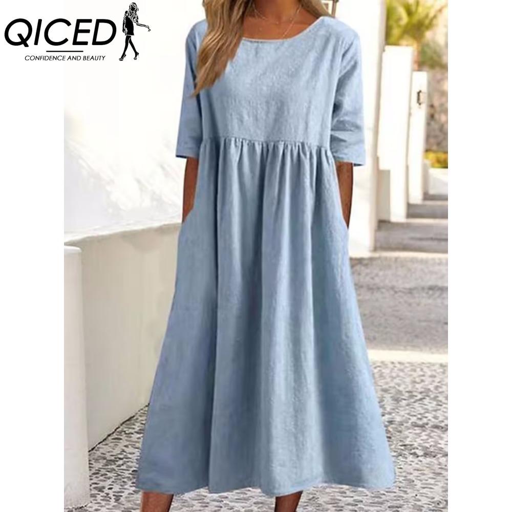 QICED Primavera Estate Abito Donna Girocollo Abiti Lunghi Casual Ampi Abiti Taglie Forti