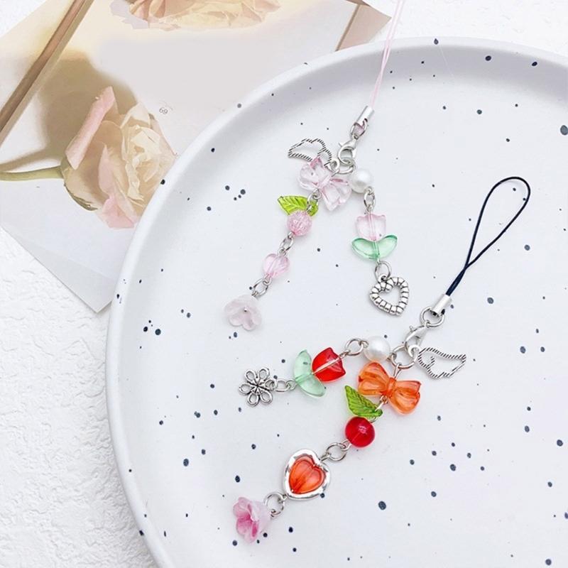 Sweet Bowknot Beaded Phone Charm Flower Chain Keychain Fashion Accessory Bag Pendant Keyring for Phones and Backpacks