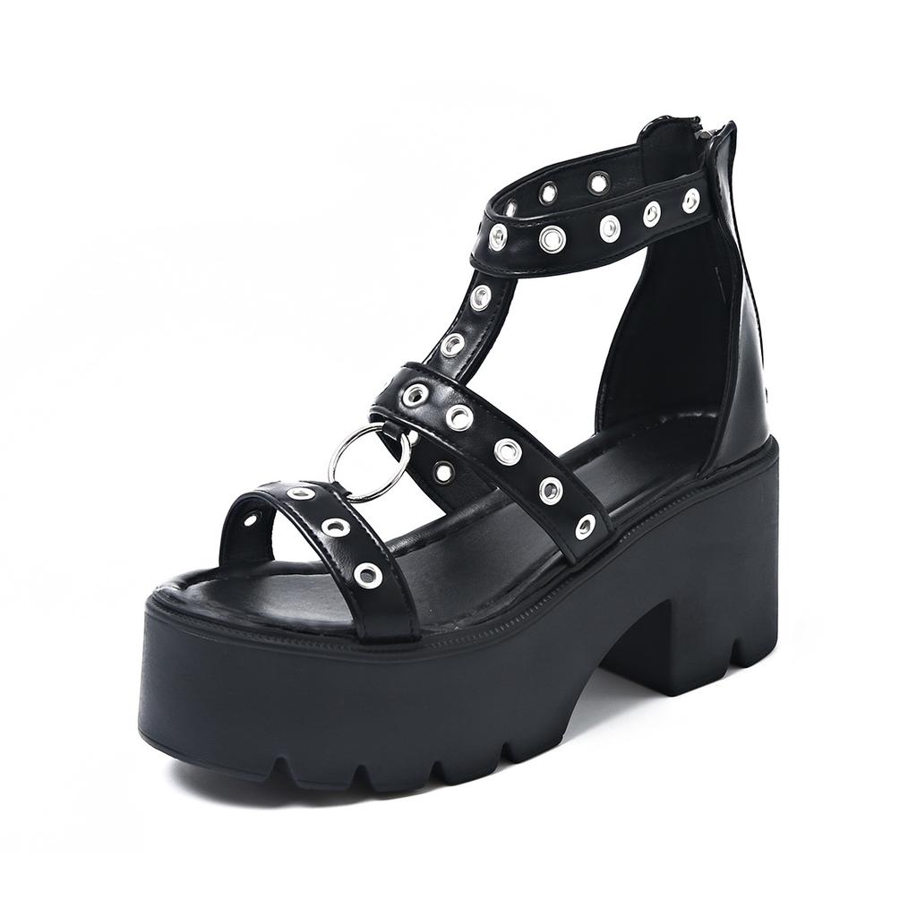 Mode 2025 Neue Punk Gothic Plateau-Sandalen Offene Zehen Schnalle Riemchen Damen Sommerschuhe Sexy Nieten Dicke Absätze Schuhe Drop Ship