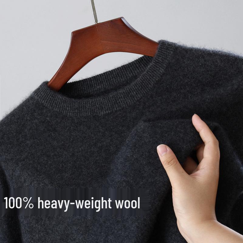 Men's 100% Wool Round Neck Loose Casual Sweater - Thickened Long Sleeve Knitwear