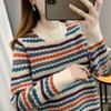 Autumn and Winter Pullover Knitted Sweater Base Versatile Loose Retro Ethnic Style Striped Color Matching Crew Neck Sweater Women
