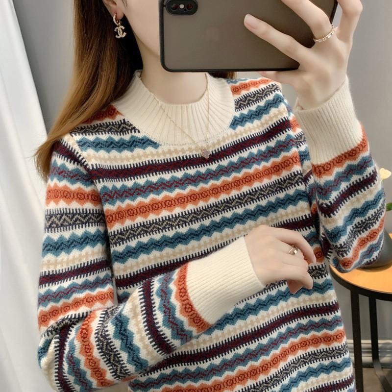 Autumn and Winter Pullover Knitted Sweater Base Versatile Loose Retro Ethnic Style Striped Color Matching Crew Neck Sweater Women