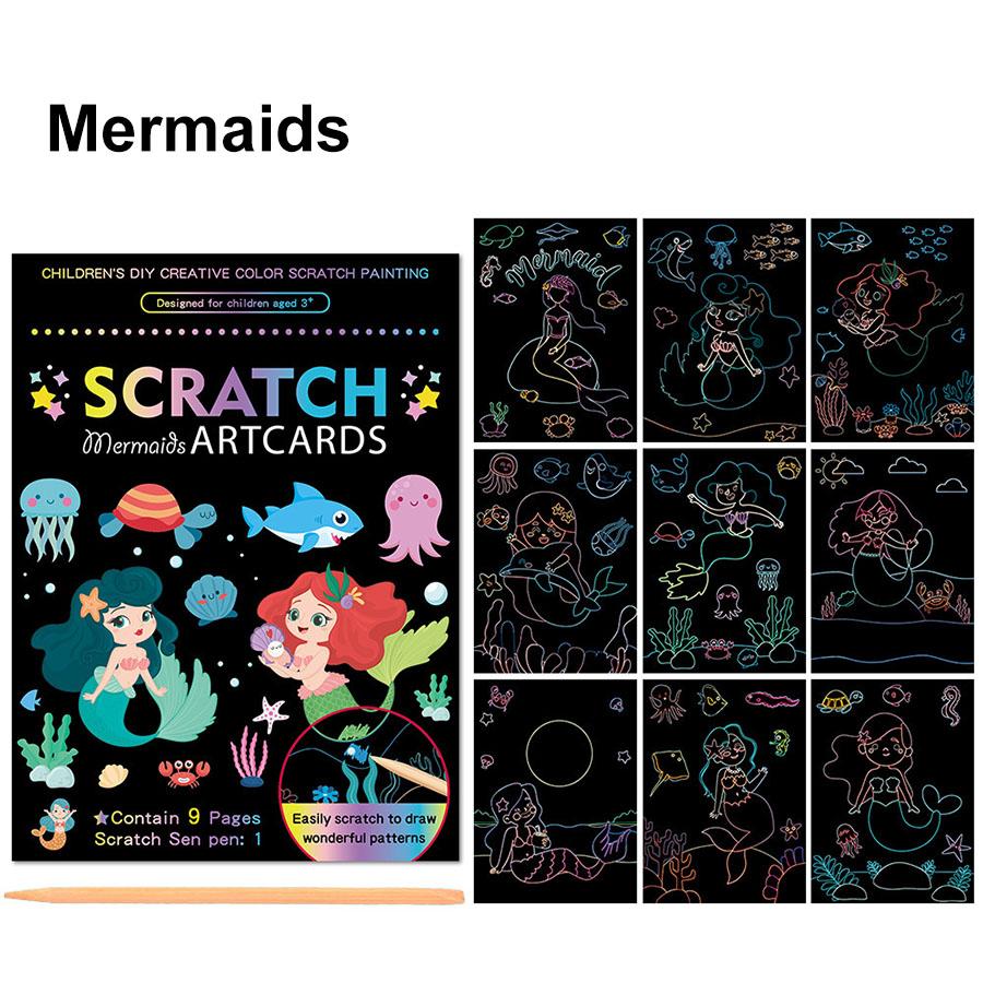 

9pages Unicorn Mermaid Scratch Painting book with Wooden Pen Cartoon Magic Rainbow Color Scratch Card Back Coloring Art Gift JXB mermaid