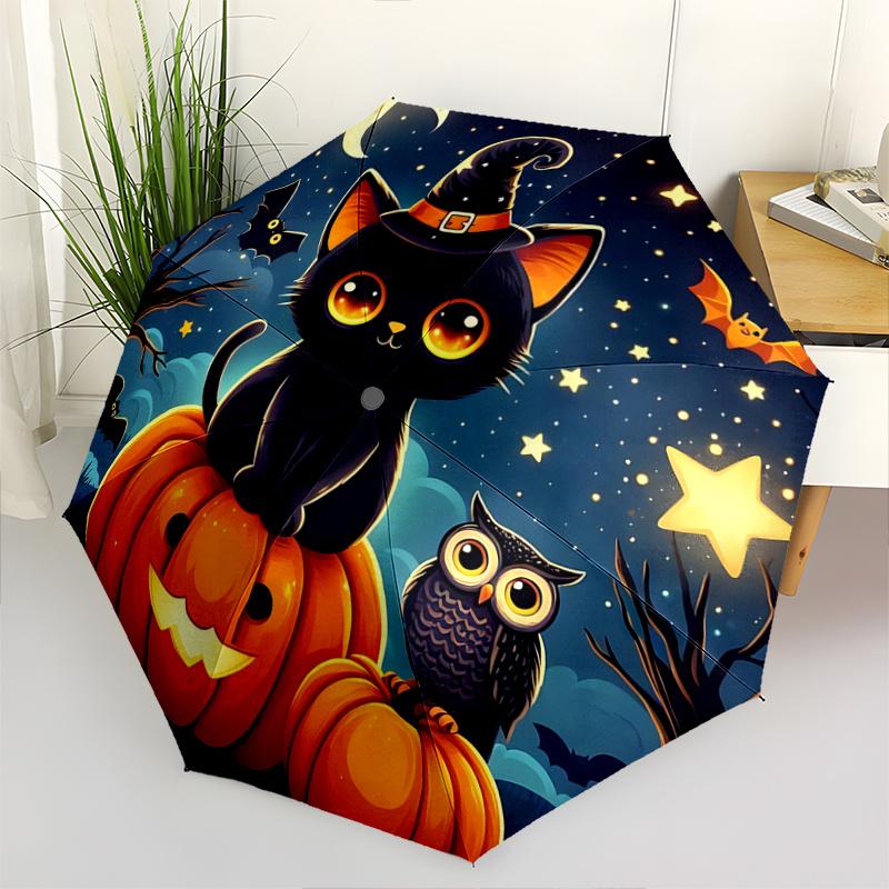 

1pc Starry Sky Cat and Owl Halloween Pattern Umbrella, Fashionable, High-Value Folding Umbrella, a Must-Have for Summer, 8-Rib Durable Iron Frame, Tri