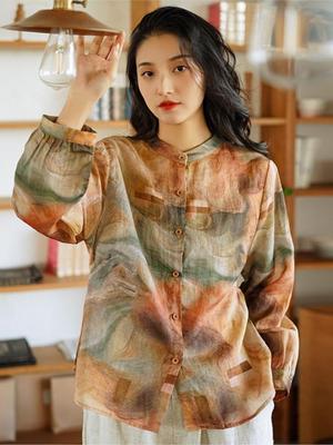 Frauen Vintage Print Shirts Tops Ramie Langarm Frühling Blusen Hohe Qualität Kleidung Taste Weibliches Hemd