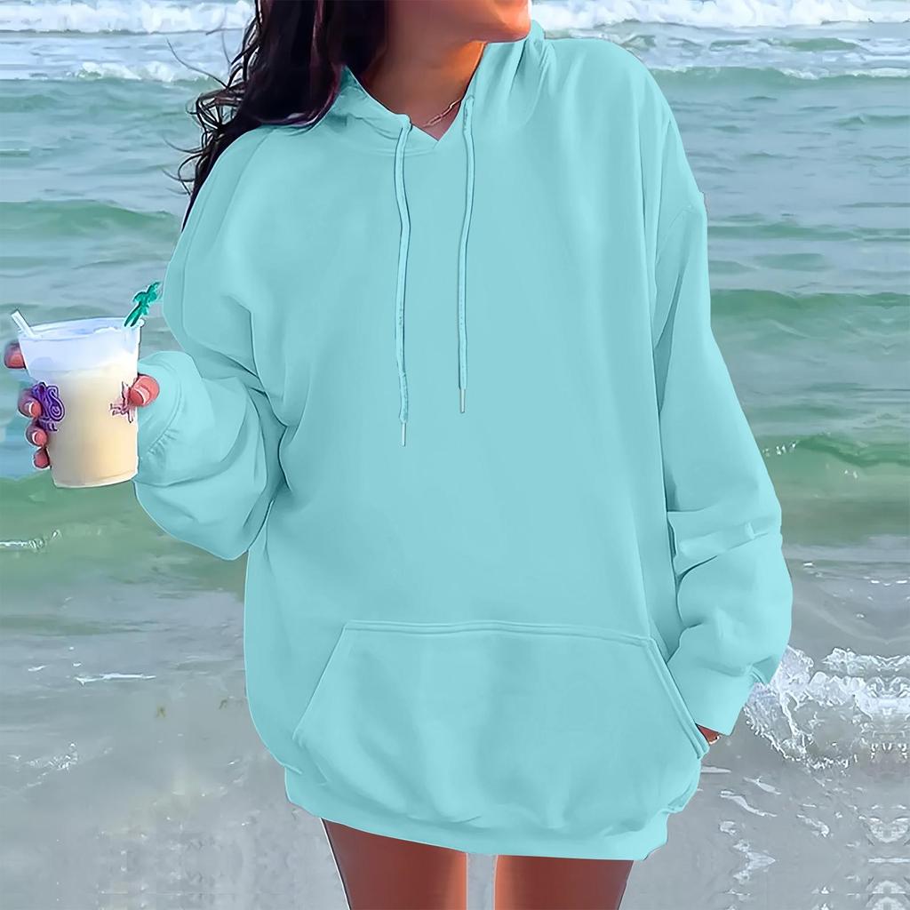 Ladies' Fashionable Casual Long Sleeved Round Neck Hooded Solid Color Hoodie With Threaded Thread