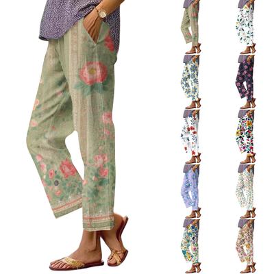Pantaloni casual de modă pentru femei cu imprimeu floral, cu picior drept, cu buzunare