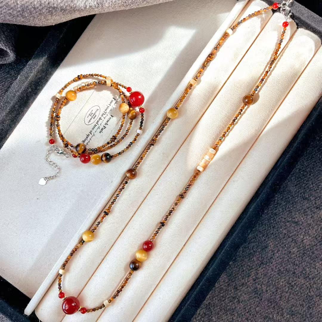 Vintage Natural Maillard Tiger S Eye Chalcedony Agate Long Necklace Collarbone Chain Sweater Chain