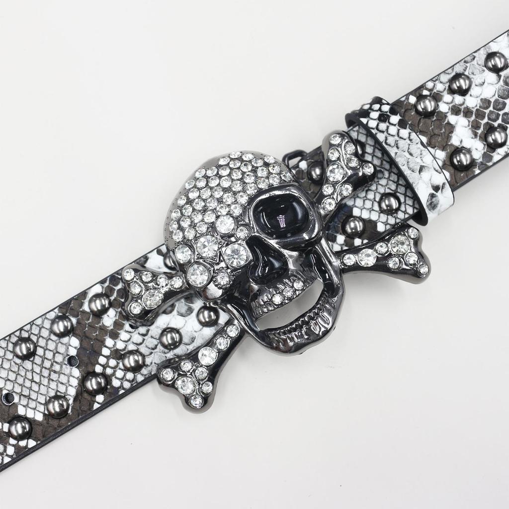 Y2K Rhinestone Skull & Snake Punk Belt - Unisex Leather with Rivet Decoration
