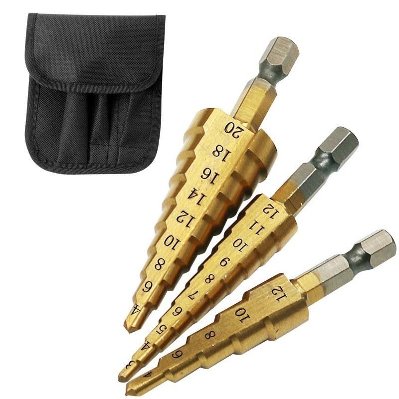 

3 шт./набор 3-12 мм 4-12 мм 4-20 мм HSS прямое ступенчатое сверло с титановым покрытием дерево металлический резак набор инструментов для сверления с тканевой сумкой 3-12 4-12 4-20 with bag