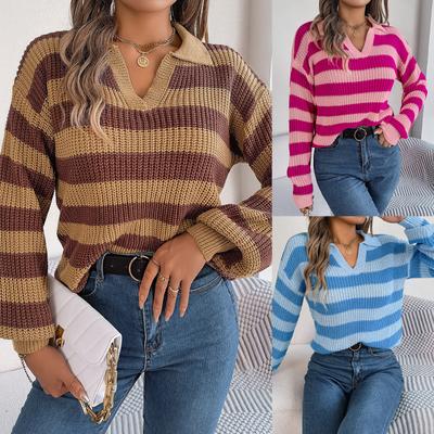 Women's Jumper Lapel V Neck Lantern Sleeve Striped Color Block Knitted Pullover Sweater Knit Pullover Tops Knitwear