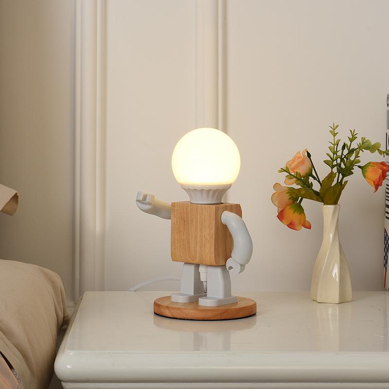 Creative Robot Table Light Nordic Modern White Wood Table Lamp LED Kids Baby Girl Boy Children Bedroom Bedside Mini Night Lights