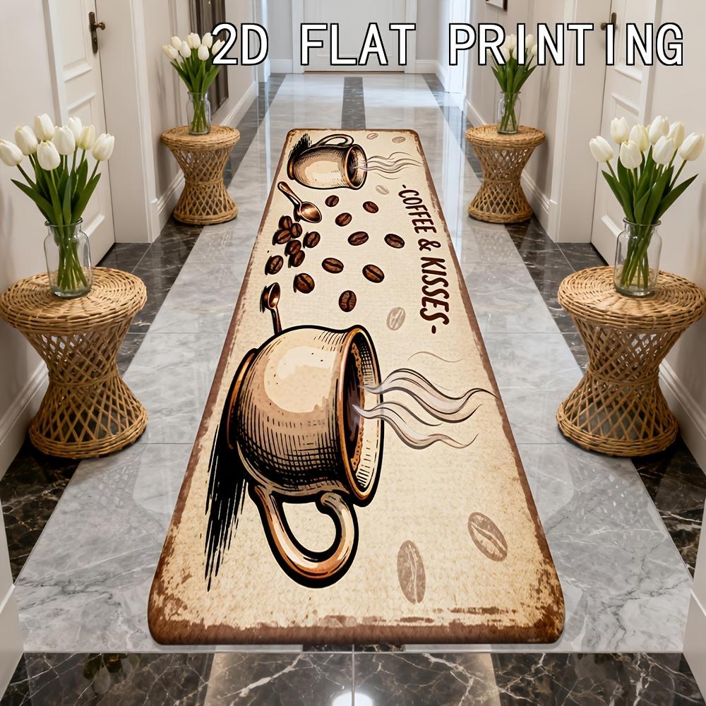 Warm Vintage Distressed Coffee Cup Bean Text Runner Rug, Non-Slip Kitchen Rug for Kitchen, Living Room, Bathroom & Daily Holiday