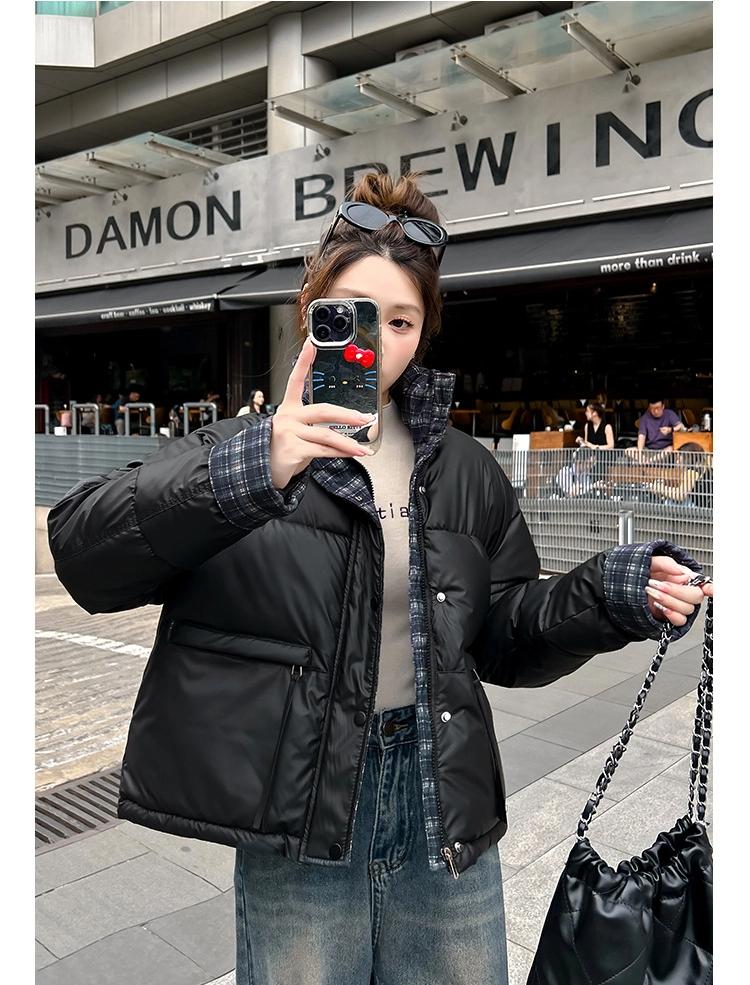 Vertical Collar Plaid Contrast Cotton Warm Short Thickened Jacket