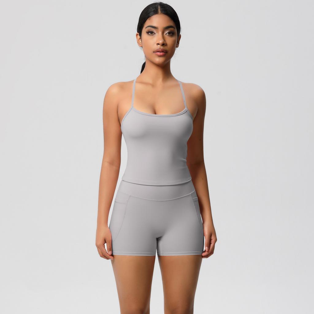 Yungan Eng anliegender Sandstrahl-Schnelltrocknender Yoga-Anzug, Hüfthebende Tasche-Shorts, Zweiteiliges Lauf-Fitness-Set Für Damen