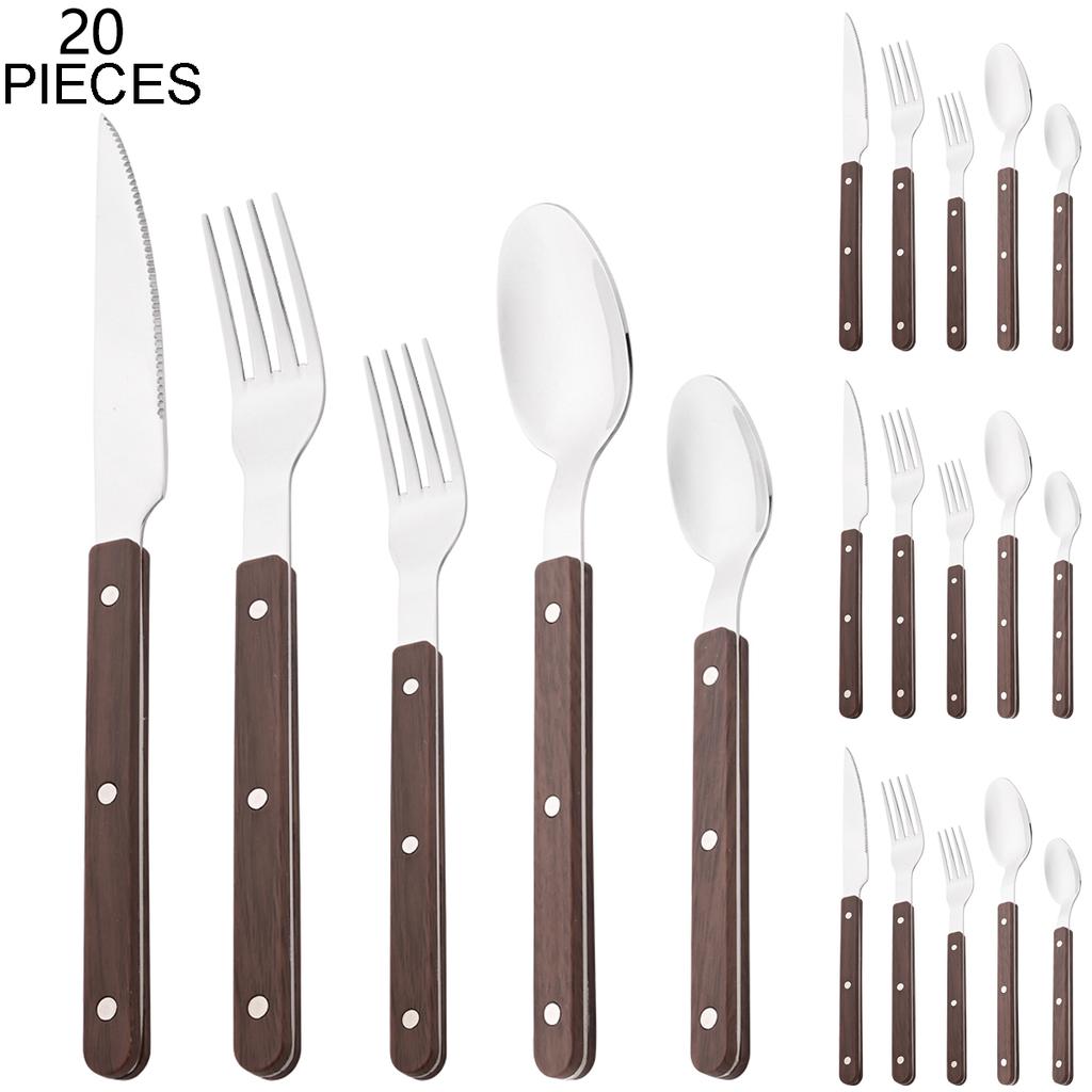 5/20/30 szt. Zestaw sztućców z imitacją drewnianej rączki, Zestaw naczyń ze stali nierdzewnej, Zachodnie noże, widelce, łyżki, zastawa stołowa, sztućce