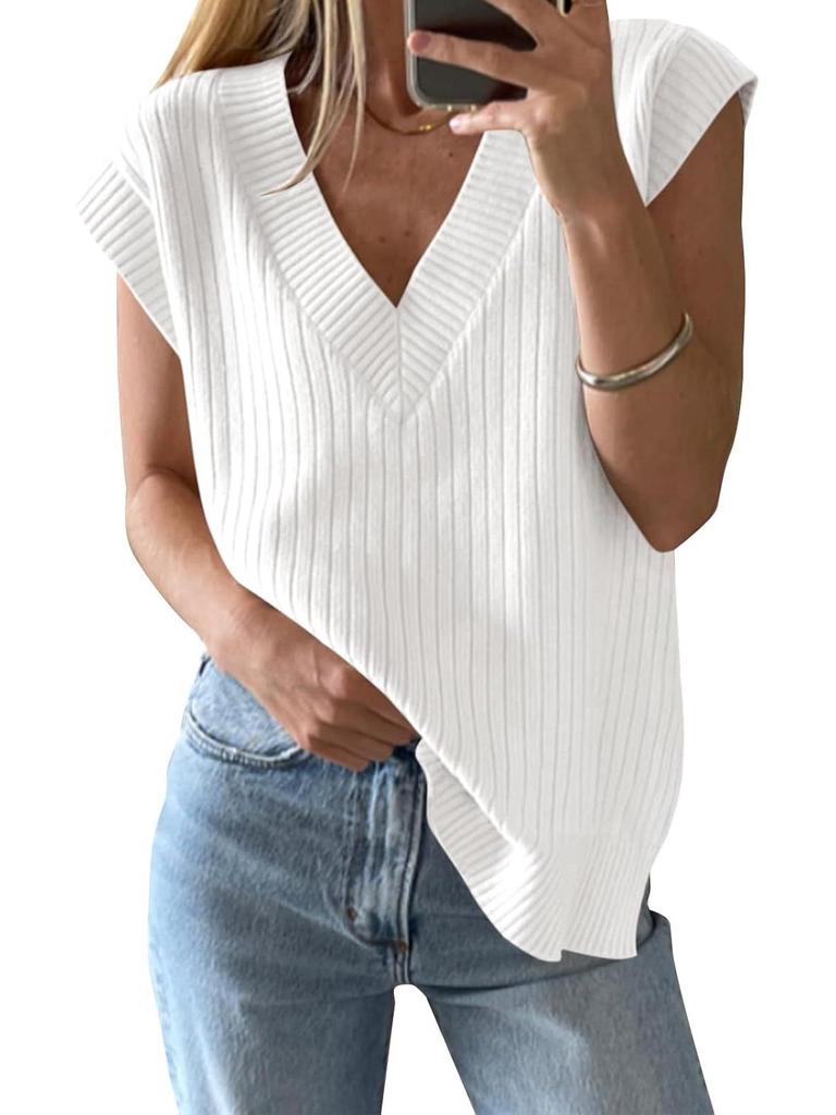 2025 New European & American Women's V-Neck Short-Sleeve Knitted Top - Versatile Loose Sweater In Solid Color