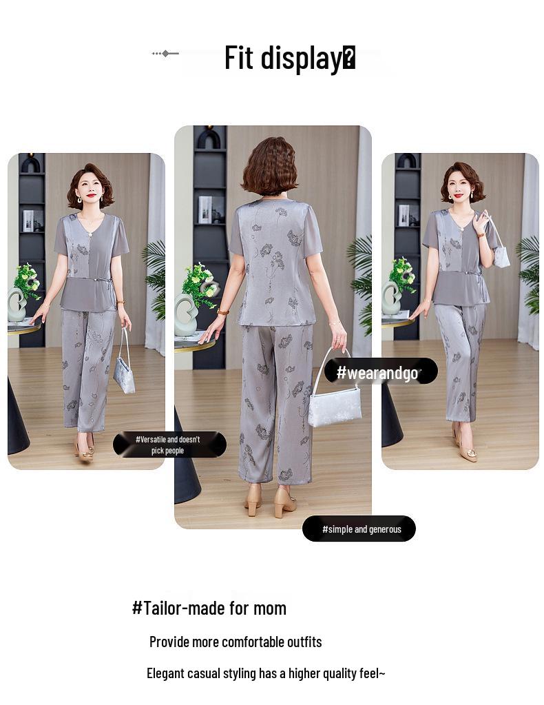 Stylish Summer Fashion Set for Middle-Aged Moms: Plus Size Two-Piece with Loose, Belly-Covering Shirt