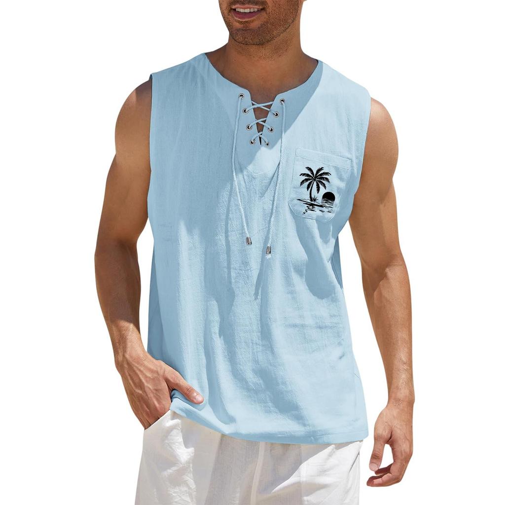 Men's Hawaiian Print Tank Top - Loose Fit Sleeveless Vest with Adjustable Tie for Casual Sports