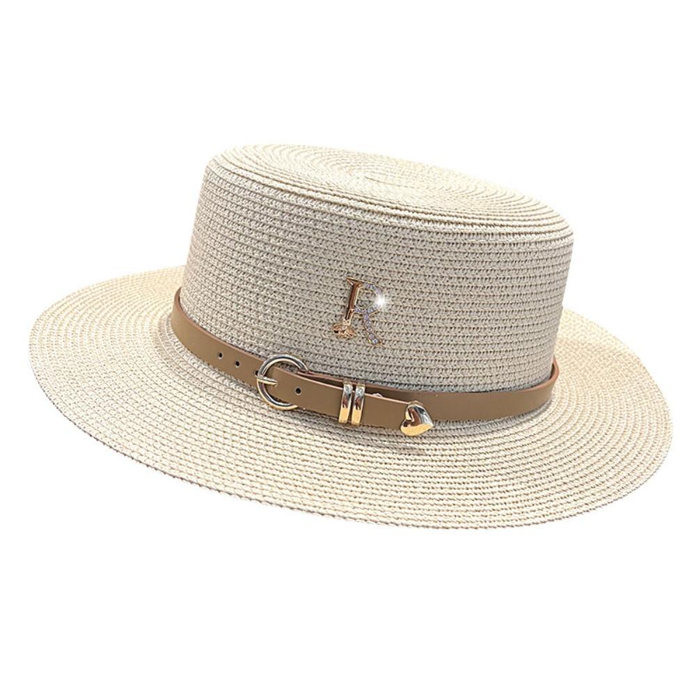 Sunscreen Letter Buckle Straw Hat Vintage Sunshade Metal R Beach Cap Leisure Anti-UV Women Lady Girl Church Hats Spring Summer