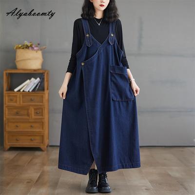 Koreansk stil Vår Høst Kvinner Midi Stilig solkjole Seler Oversized blå denimkjole Ermeløs Uformell løs kjole med lommer